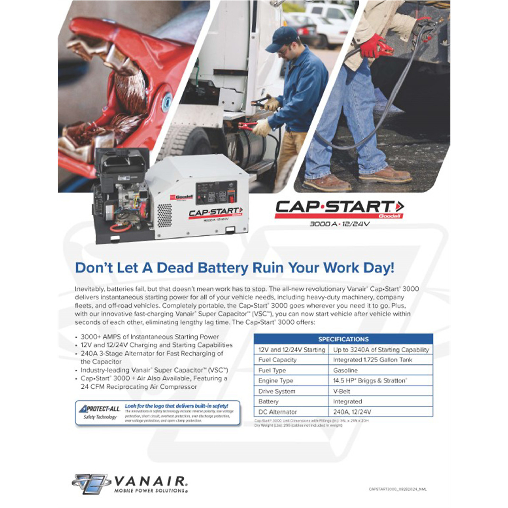 Goodall Manufacturing Cap-Start 3000A Alternator — 240V, 12V Start/Charge, 14.5 HP Briggs & Stratton, 30ft. Arctic Grade Cable, Model# GDL051538